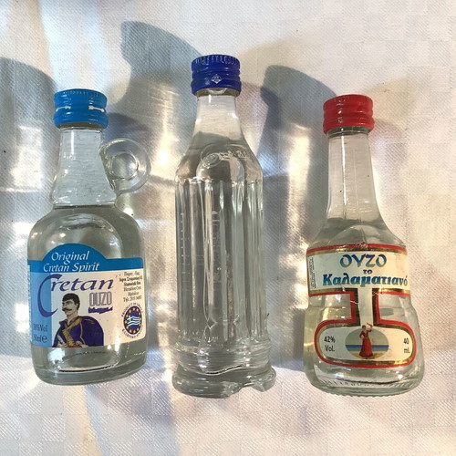 Ouzo used, set of 11 different miniatures from all over Greece