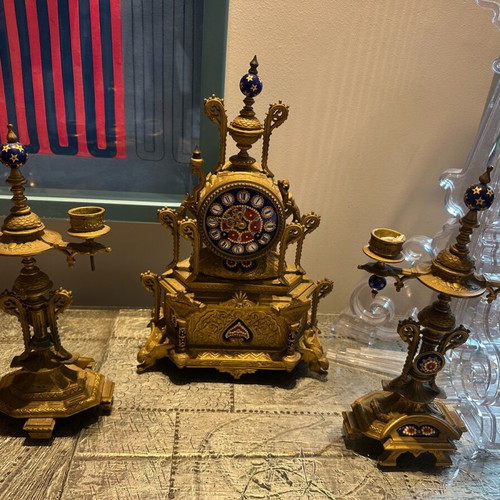 French table clock set with candlesticks in bronze and Sèvres porcelain elements like new