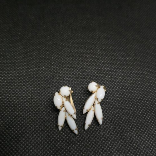 Vintage gold clip-on earrings with white marquise stones like new