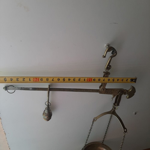 Vintage brass hanging steelyard balance with Parthenon design