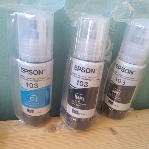 Epson 103 Printer Ink New, 2 Black and 1 Blue Bottles