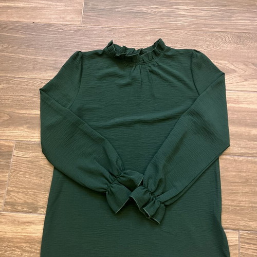 Blouse dark green size S like new with ruffle neck and cuffs