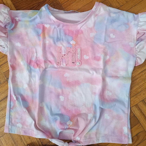 Evita set with colorful heart print top and denim shorts, like new, 6 years