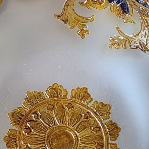 Vintage baroque style platter with gold and blue embossed design, like new