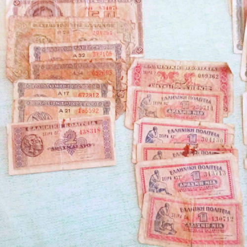 Lot of 50 authentic Greek banknotes used, 1935-1944 interwar and occupation period