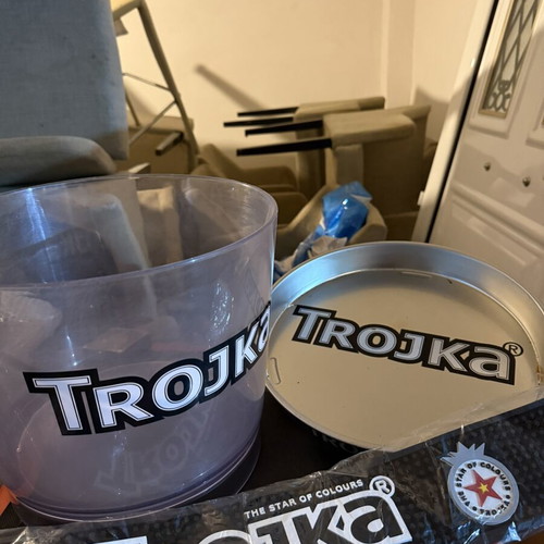 Trojka set of 3 items like new: ice bucket, serving tray, rubber band