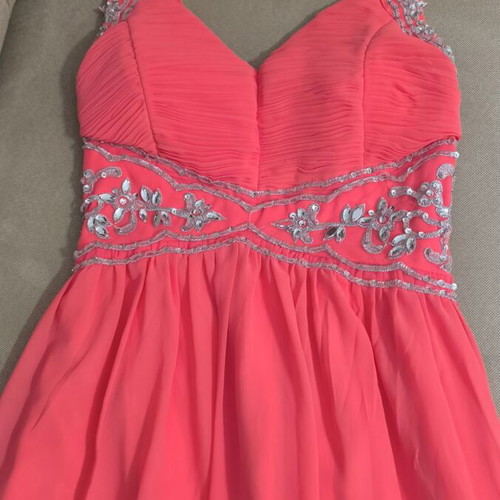 Eva & Lola Evening Dress coral, like new, gift silver sandals