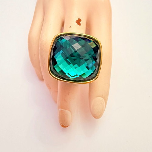 Disco cocktail emerald ring gold plated, new