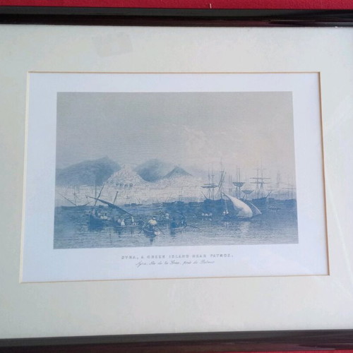 Vintage Syros lithograph engraving in wooden black lacquer frame