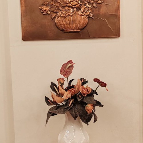 Large chalcography Vase with flowers like new 60x55 cm