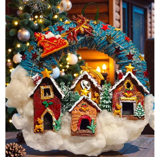 Handmade wreath Santa Claus with sleigh in Christmas village lit with LED