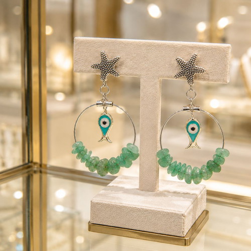 Handmade earrings with aventurine, metal star and enamel fish, silver color, new