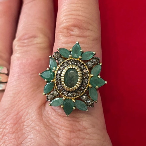 Ring 9K gold and 925 silver with diamonds and emeralds used, size 57
