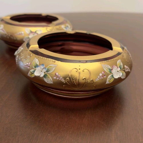 Bohemian ashtrays used, set of 2, decorated with enamel