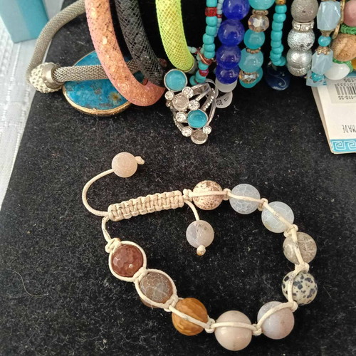 Set of 20 colorful jewelry pieces: 14 bracelets, 2 necklaces, 2 rings, 1 earring, 1 pendant