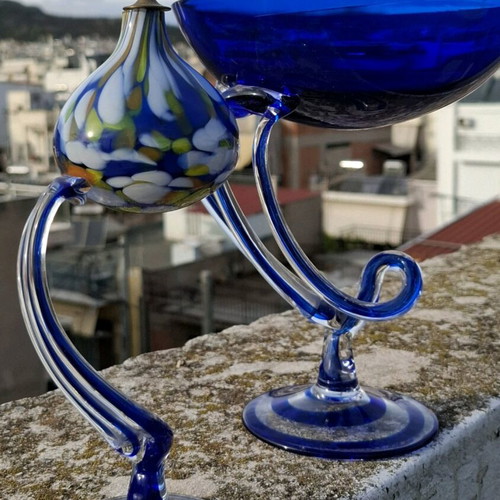 Jozefina Krosno Art Glass Bowl "Jellyfish bowl" and Duiske Irish Art Glass oil lamp like new