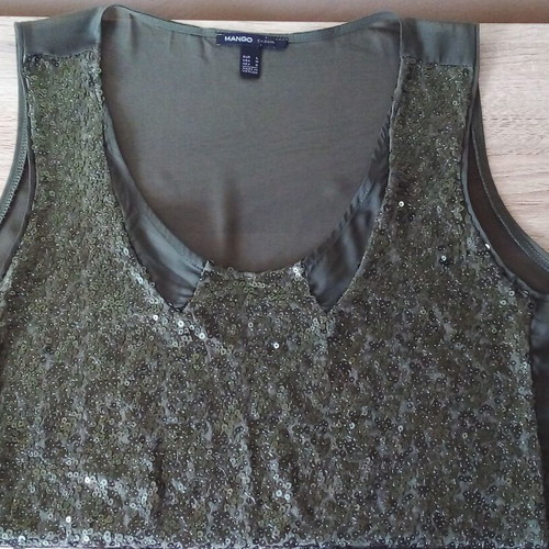 Mango dark green top like new, size L/XL, sequins and chiffon