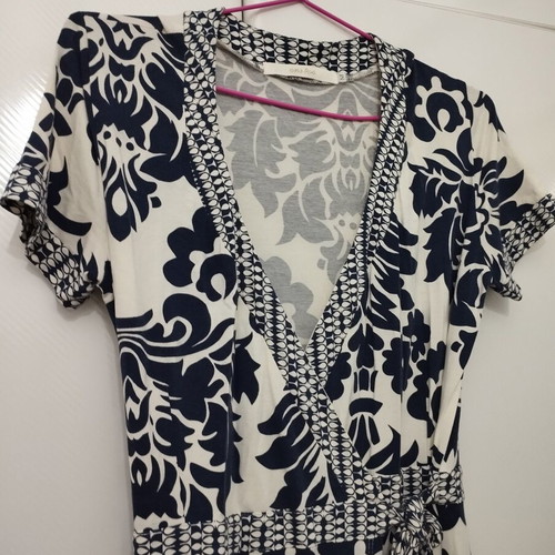 Women's Damask Wrap Dress Size M White Navy Blue