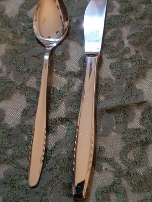 Stainless steel dessert and fruit spoons and knives new, set of 12+12