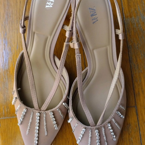 Zara satin nude pumps with rhinestones, size 36, like new
