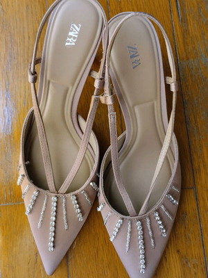 Zara satin nude pumps with rhinestones, size 36, like new