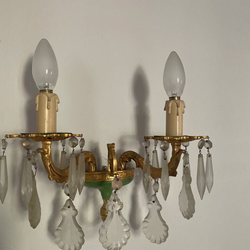 Classic vintage wall sconce with two lights, brass and crystals, like new, set of 2