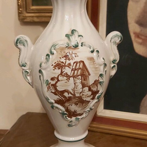 Old French antique lamp made of white porcelain with handmade painting like new