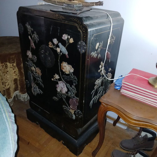 Vintage Chinese Storage Cabinet used, hand-painted with semi-precious stones
