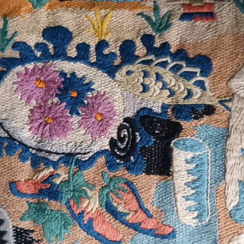 Old embroidery with flat stitch for framing used