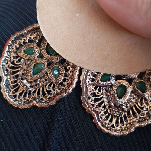 Vintage Statement Earrings Visson New, Bronze and Green Stones