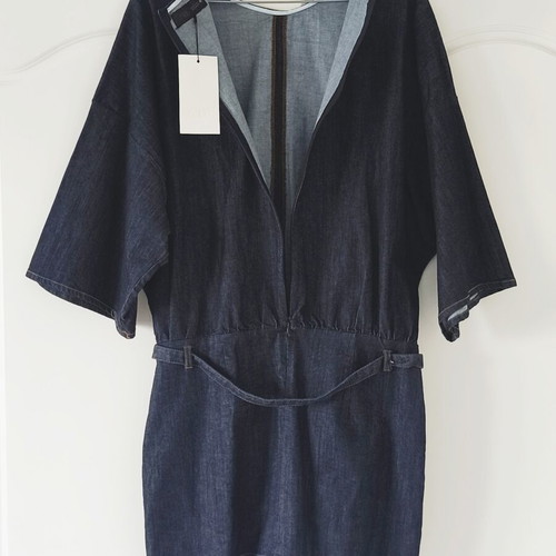 Zara Dark Blue Denim Mini Dress with Kimono Sleeves and Belt Size M New