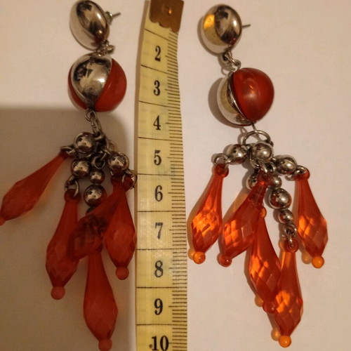 '90s Vintage Long Earrings Used, Orange and Gold Colors