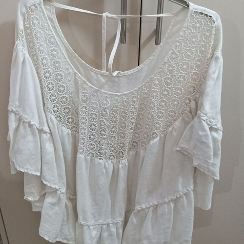 White Linen Shirt like new with front design and back shoulder cord
