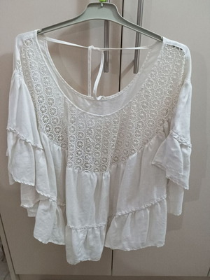 White Linen Shirt like new with front design and back shoulder cord