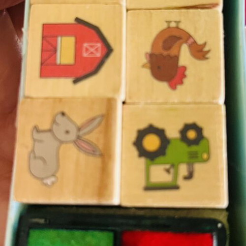 Moses wooden farm stamp set used, 8 pieces with ink pad