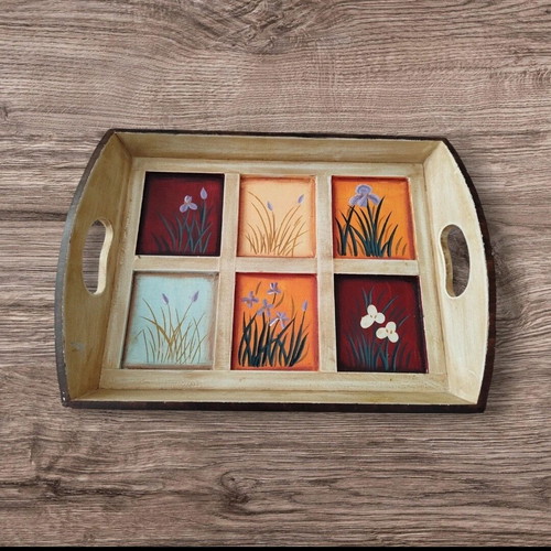 Wooden serving tray like new with six decorated sections