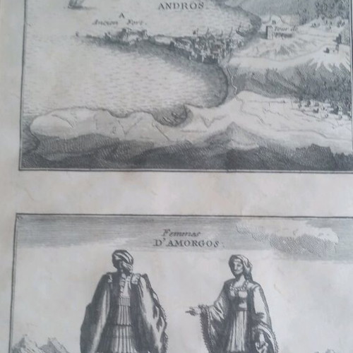 Engraving with Two Themes Femmes d'Amorgos and Old Port of Andros framed