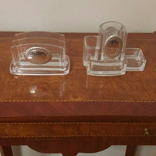 Italian Plexiglass and silver desk set used, two pieces
