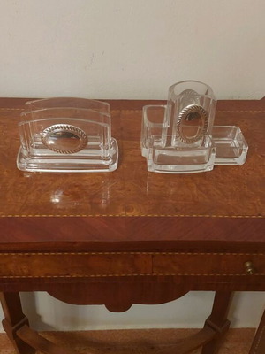Italian Plexiglass and silver desk set used, two pieces