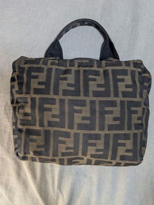 Fendi Zucca καμβάς δερμάτινη χειρός τσάντα, καφέ