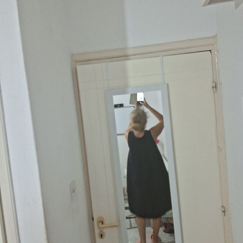 Summer Asymmetric Black Dress 100% Cotton with Patchwork Flowers and Pom-Poms like new