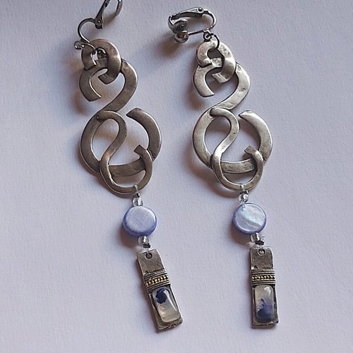 Women's earrings used, handmade metal, blue and silver