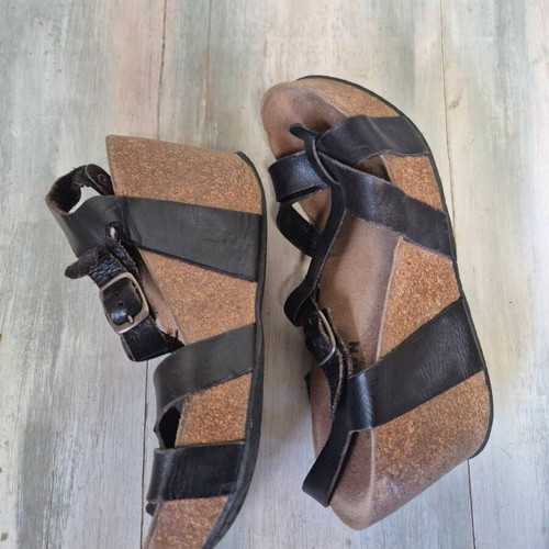 Plakton black leather platform sandals used, size 40, 8 cm heel
