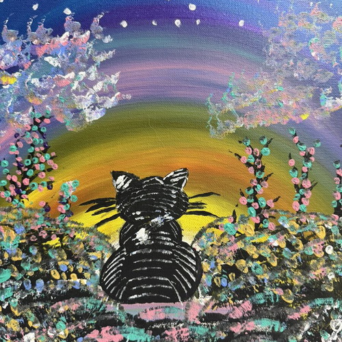 Handmade painting on canvas "Cat under the Moon" with embossed colors