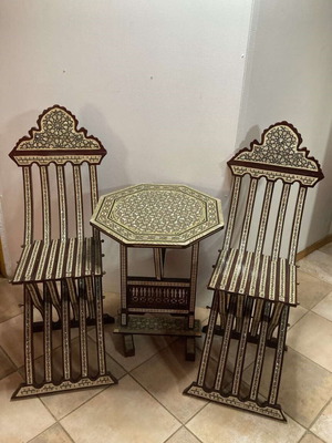 Vintage Syrian mother-of-pearl inlaid furniture set with folding chairs and octagonal table
