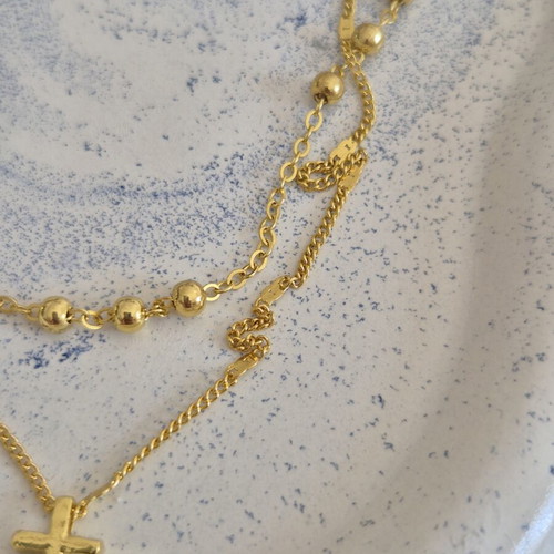 Gold double rosary-style necklace with cross, stainless steel