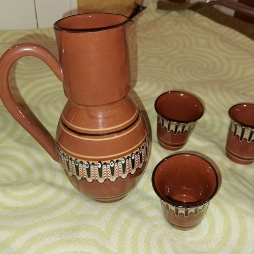 Authentic Bulgarian clay serving set used, jug and 4 cups
