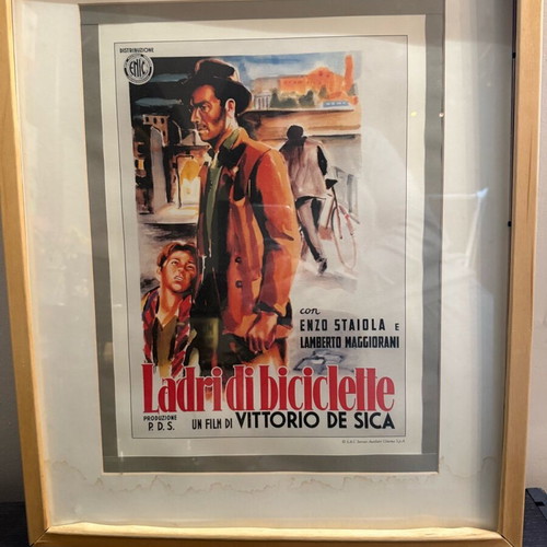 Ladri Di Biciclette Bicycle Thieves 1948, 1955 re-release movie poster like new with frame