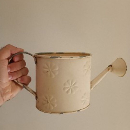 Vintage metal watering can with embossed design