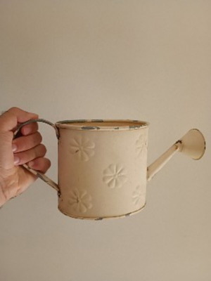 Vintage metal watering can with embossed design